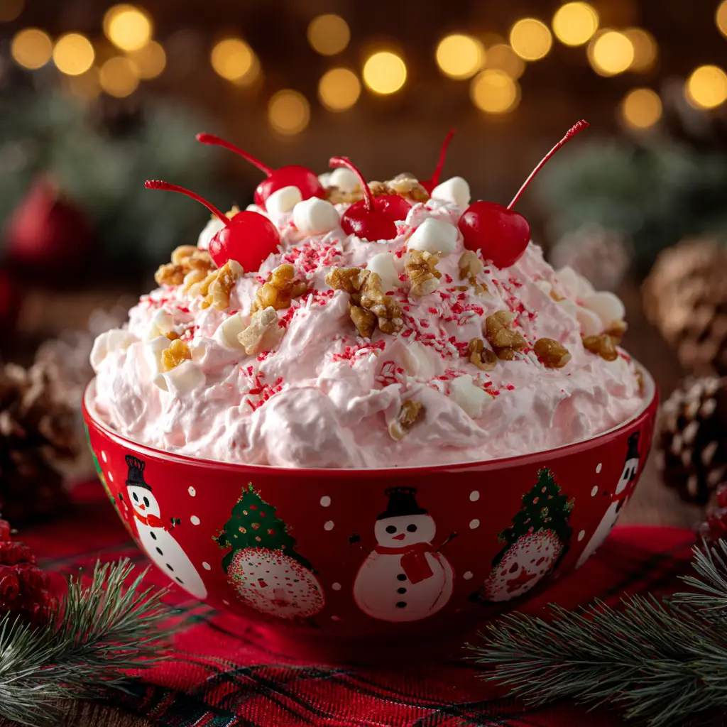 A large bowl of Christmas Cherry Fluff being mixed with a spatula, showing the ingredients coming together before chilling.