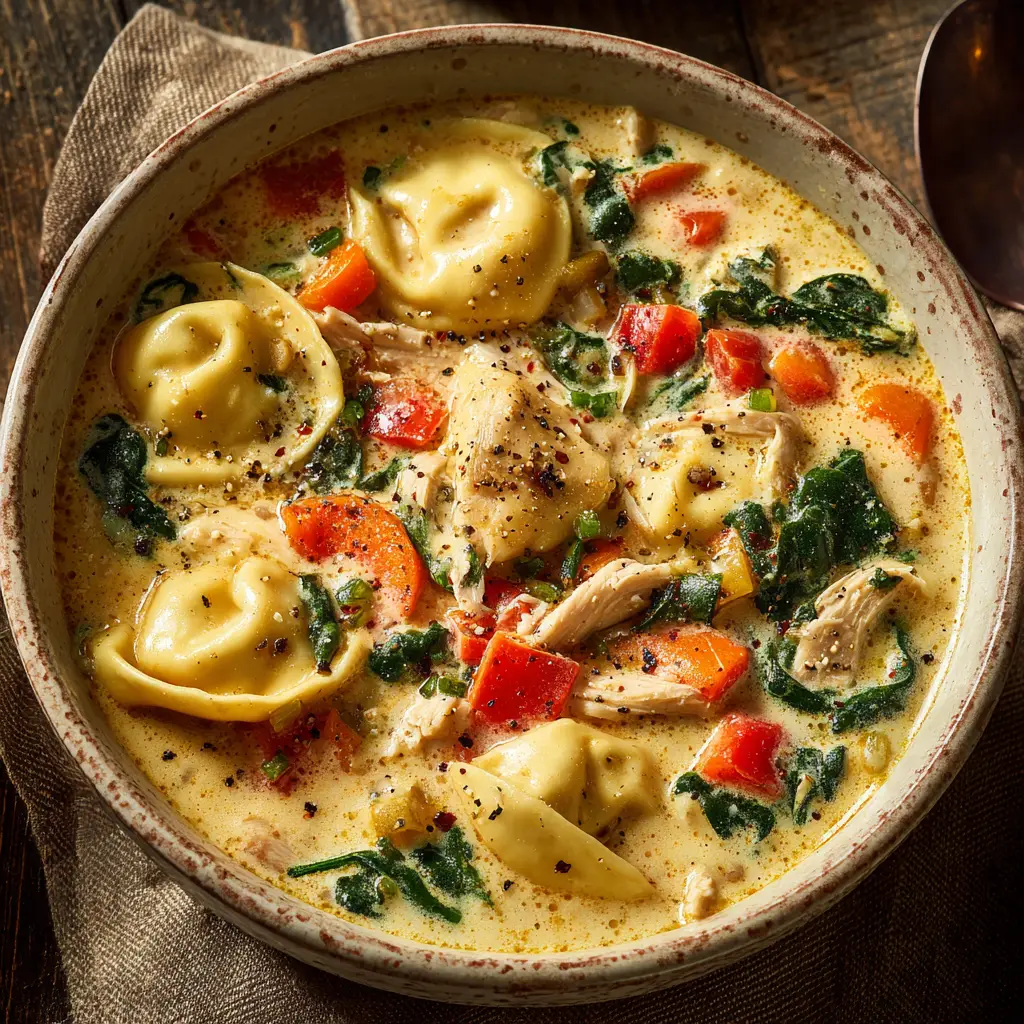A close-up of the Crockpot Chicken Tortellini Soup ingredients simmering in the slow cooker before the cream and tortellini are added.