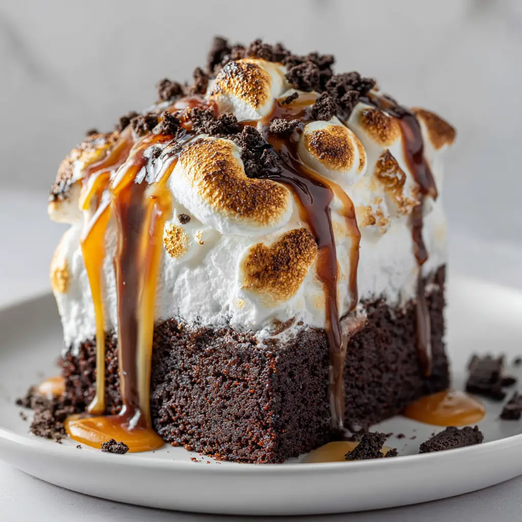 The full 9x13 pan of chocolate poke cake with marshmallow creme topping being spread evenly with a spatula before toasting.