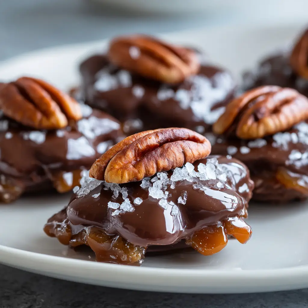 An overhead shot of homemade turtle candy being prepared on parchment paper, showing the caramel layer on top of pecan clusters before the chocolate is added.