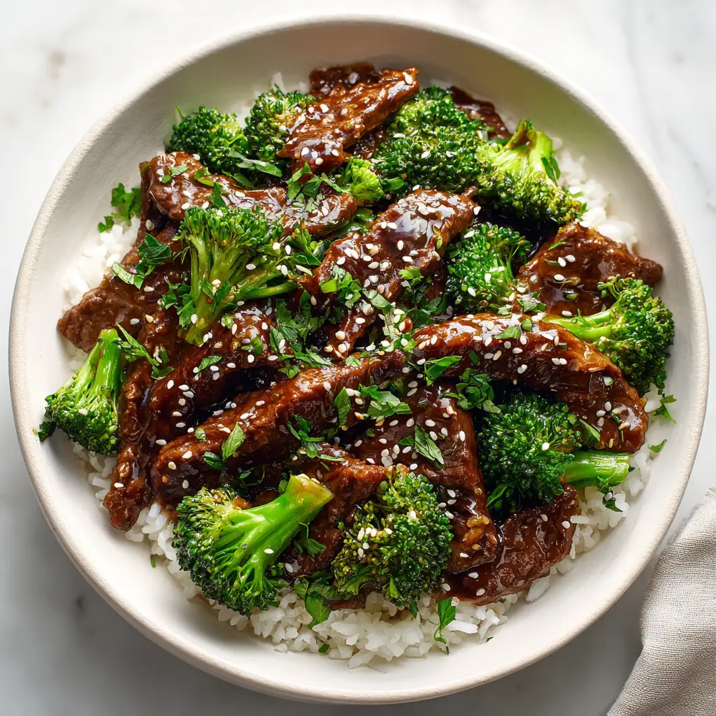 A step-by-step image showing fresh broccoli florets being added to the slow cooker with cooked beef in a rich, dark sauce.