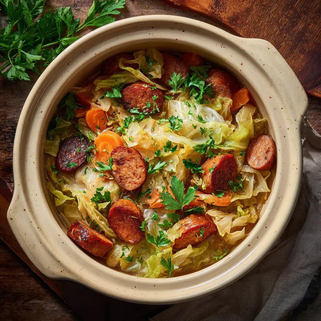 Ingredients for slow cooker cabbage and sausage being layered in a crockpot before cooking.
