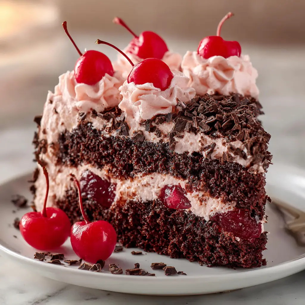 A close-up shot of a perfect slice of homemade Cherry Dr Pepper cake, revealing the moist chocolate crumb and thick layer of pink cherry buttercream frosting.