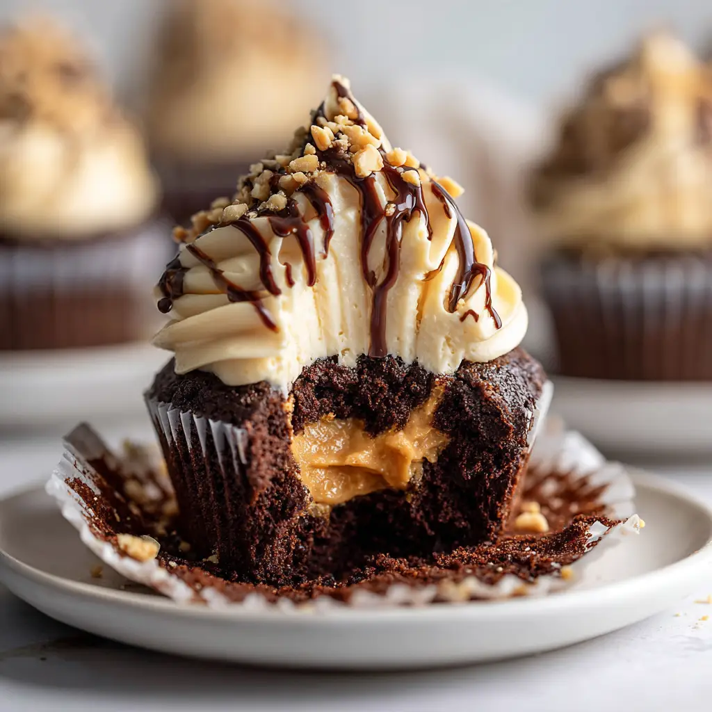 Chocolate Peanut Butter Cupcakes: The Ultimate Recipe 2 An extreme close-up of a moist chocolate peanut butter cupcake, showcasing the rich, dark crumb and fluffy piped peanut butter frosting.