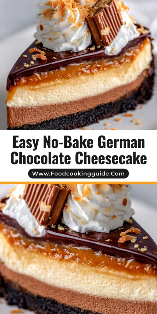 A stunning overhead shot of a whole No-Bake German Chocolate Cheesecake on a serving platter, showcasing its distinct layers of chocolate crust, creamy filling, and gooey coconut-pecan topping.