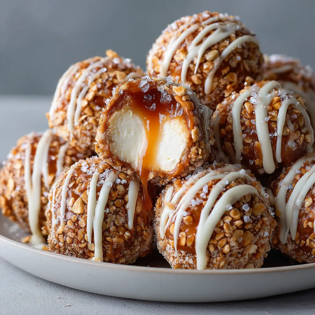 An extreme close-up of a single salted caramel pretzel cheesecake ball, showing the creamy texture and crunchy pretzel pieces inside.