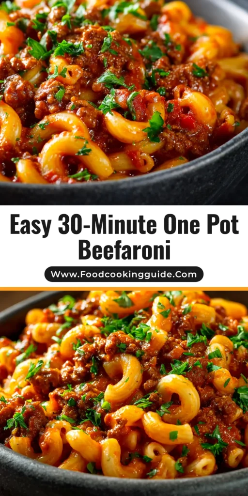 A close-up shot of cheesy one pot beefaroni in a white bowl with a fork, ready to be eaten. The perfect easy weeknight dinner recipe.