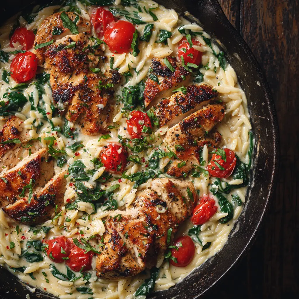 A spoonful of the finished one-pot chicken orzo being lifted from the skillet, showing off the creamy consistency of the dish.
