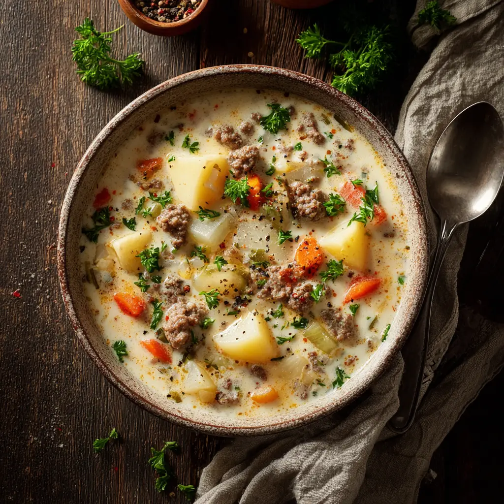 A close-up of Creamy Cowboy Soup simmering in a Dutch oven, showing the rich and velvety broth.
