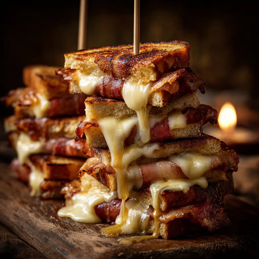 Two halves of a bacon wrapped grilled cheese stacked on top of each other, revealing the layers of bread and melted cheese inside.