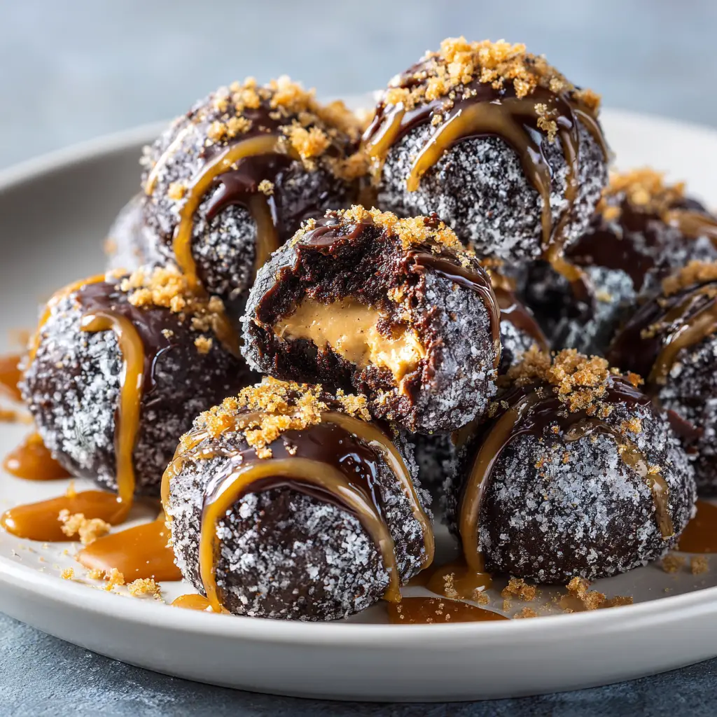 A plated display of no-bake peanut butter balls, with one cut in half to show the creamy, rich peanut butter filling inside the chocolate shell.