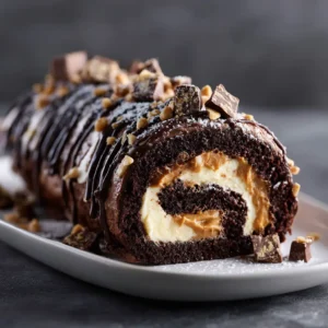 A slice of chocolate cake roll with peanut butter filling sits on a white plate, showcasing the creamy texture and rich ganache topping.