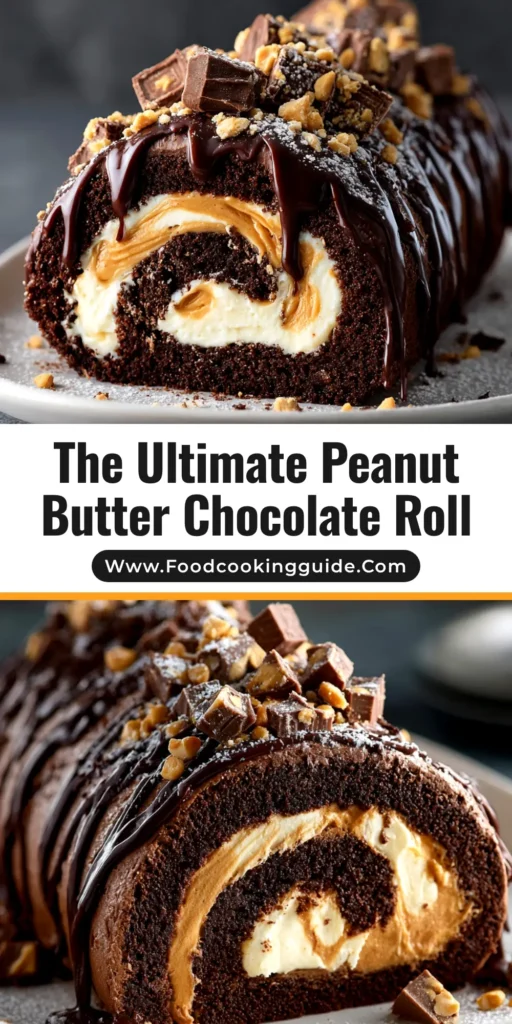 A decadent Peanut Butter Cup Chocolate Roll on a serving platter, with a slice cut out to show the perfect swirl of peanut butter filling.
