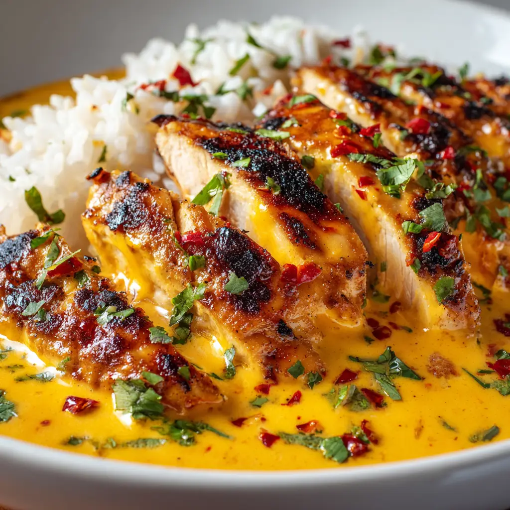 A plate of finished Peri-Peri chicken served with a side of spicy rice and a lemon wedge for garnish.