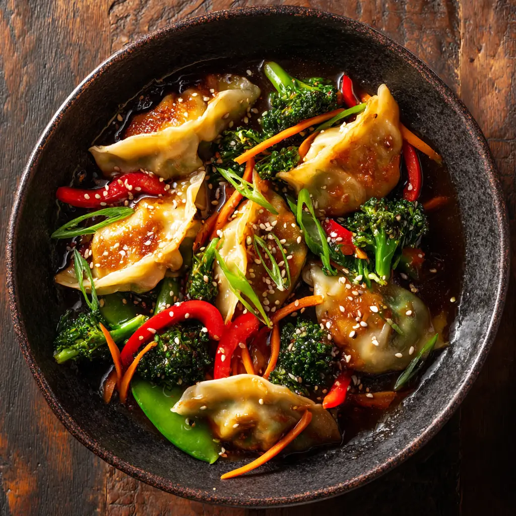 A serving of the potsticker stir fry in a bowl, garnished with fresh green onions and sesame seeds. A healthy and quick one-pan meal.
