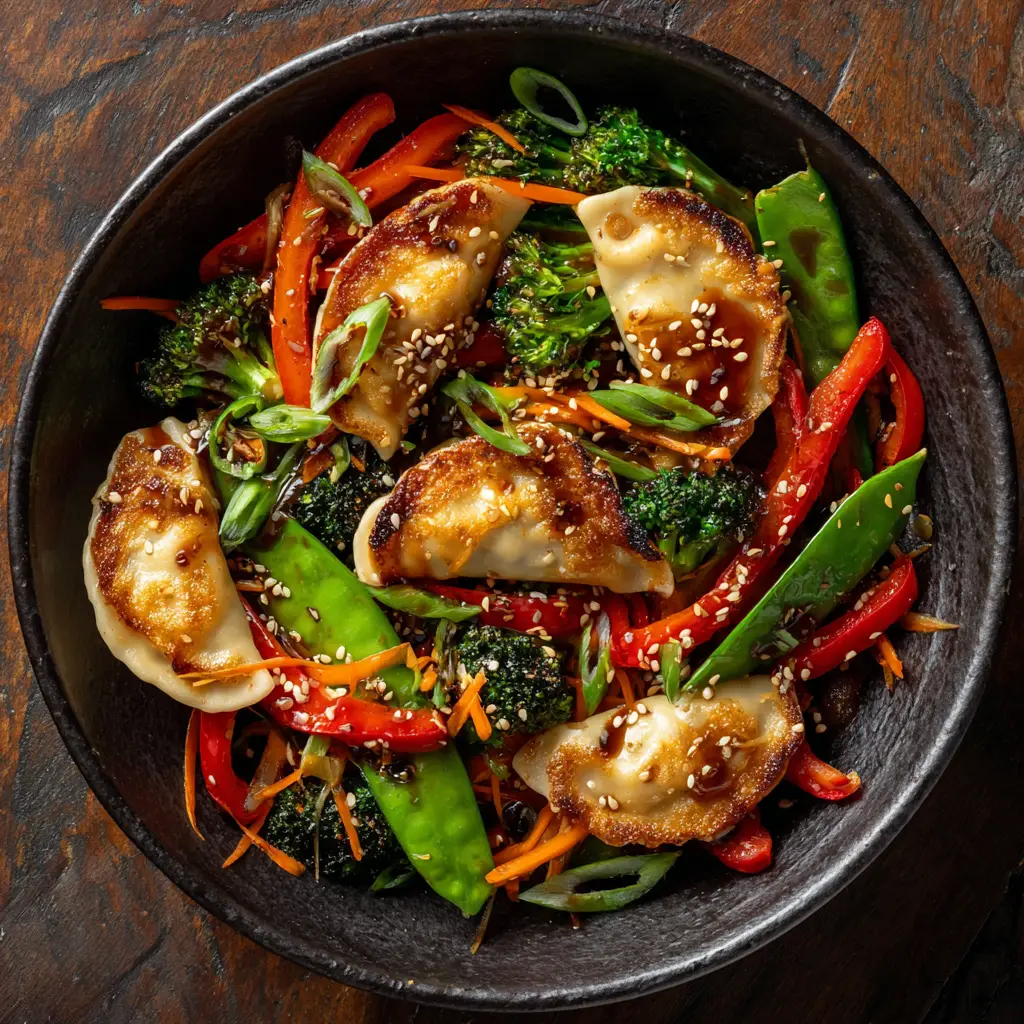 An extreme close-up of a single potsticker coated in a savory stir fry sauce, mixed with bits of carrot and bell pepper. Shows the delicious texture of the dumpling stir fry.