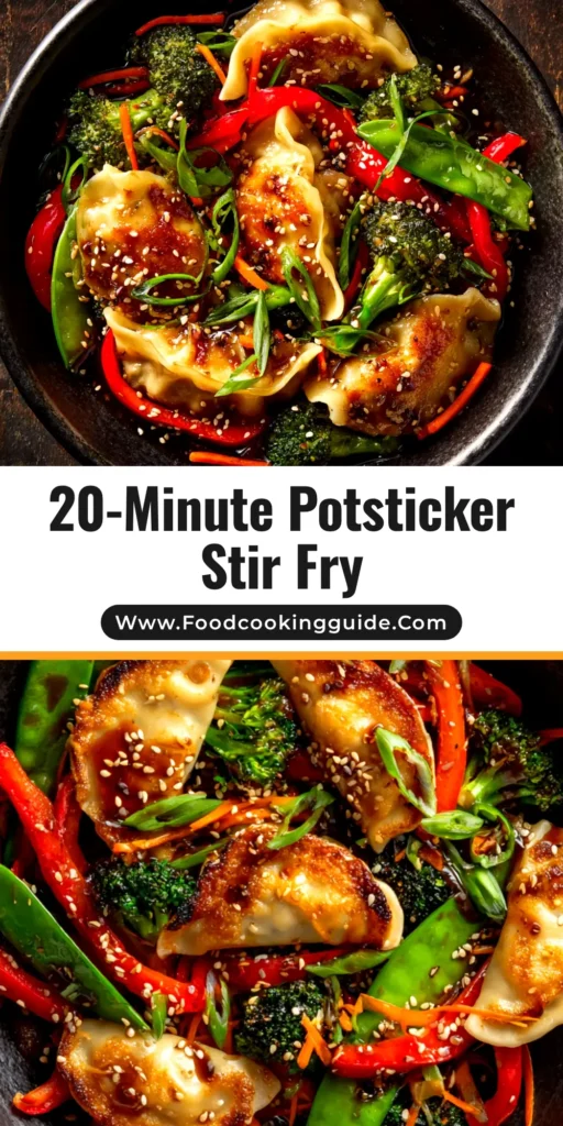A top-down view of a delicious Potsticker Stir Fry in a skillet, showcasing crispy potstickers, colorful vegetables, and a savory sauce. The perfect easy weeknight dinner recipe.