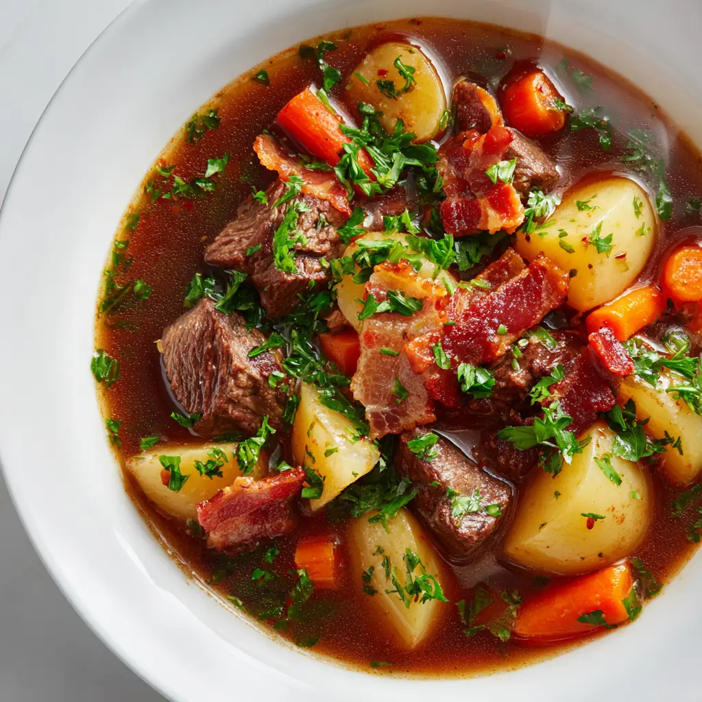 A step-by-step image showing seared beef and bacon being prepared for the slow cooker beef soup, an essential step for building flavor.