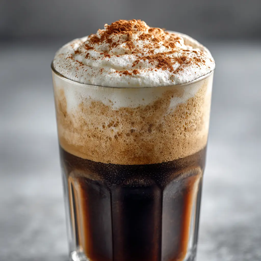 A glass of iced coffee topped with a generous layer of pumpkin spice cold foam, ready to be enjoyed.