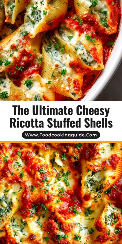 A pan of delicious baked Ricotta Stuffed Shells covered in marinara sauce and melted mozzarella cheese, with one shell being lifted out with a spatula.