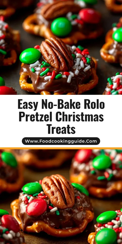 Rolo Pretzel Clusters: The Easiest 3-Ingredient Treat 3 A top-down view of several Rolo Pretzel Clusters arranged on a festive plate, showcasing the shiny chocolate and pecan topping.