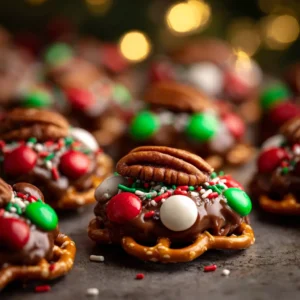 A close-up macro shot of a single Rolo pretzel turtle, highlighting the gooey caramel and melted chocolate over the pretzel base.