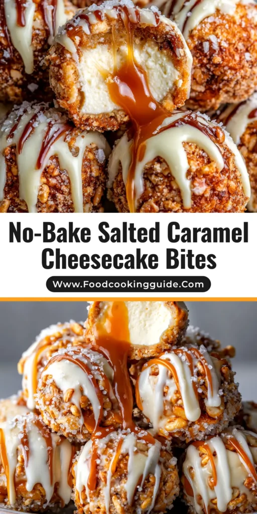 A platter of delicious Salted Caramel Pretzel Cheesecake Balls, drizzled with caramel and sprinkled with sea salt, ready to be served.