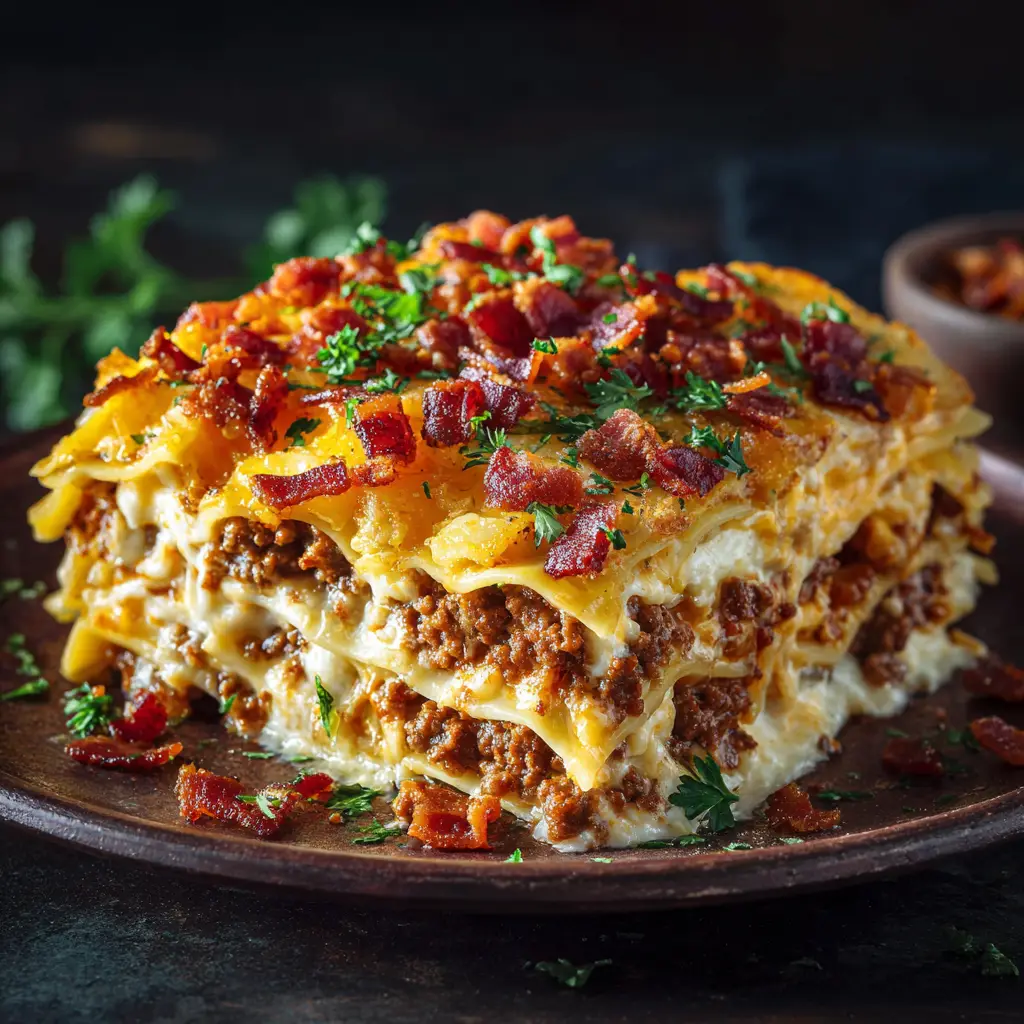 A spatula lifting a slice of bacon cheeseburger lasagna from the baking dish, with a satisfying cheese pull.