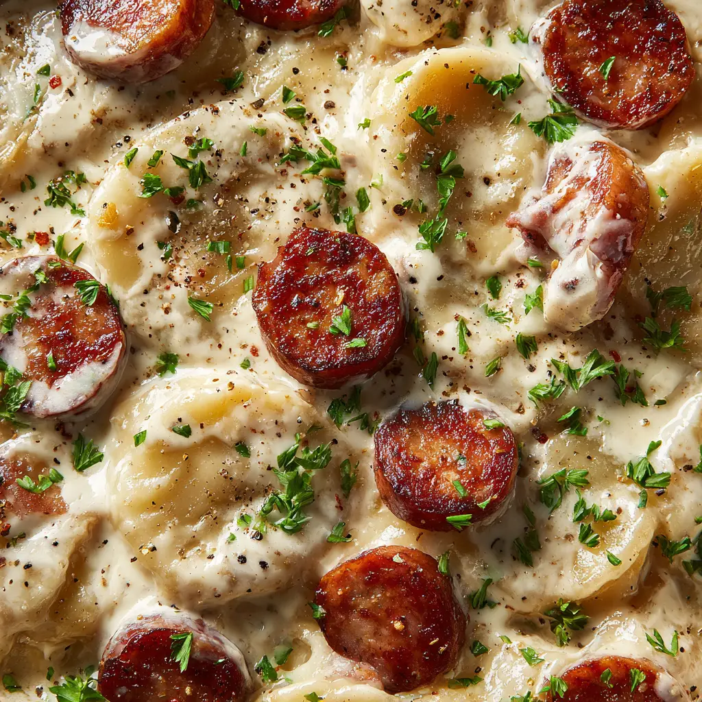 A spoonful of crockpot pierogi casserole being lifted from the dish, with melted cheese stretching from the spoon.