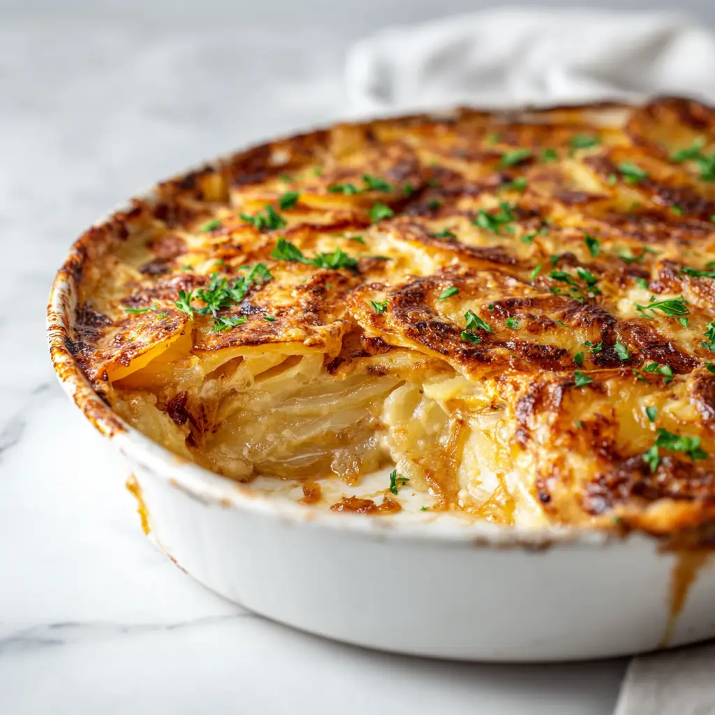 A scoop of cheesy French Onion Potato Bake being served from a casserole dish, showing the creamy layers inside.