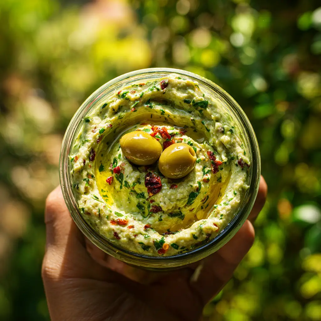 A bowl of Greek feta dip with green olives being scooped up with a piece of toasted pita bread.