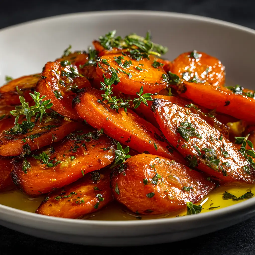 A serving of oven-roasted carrots in a white bowl, highlighting their tender texture and vibrant orange color, garnished with parsley.