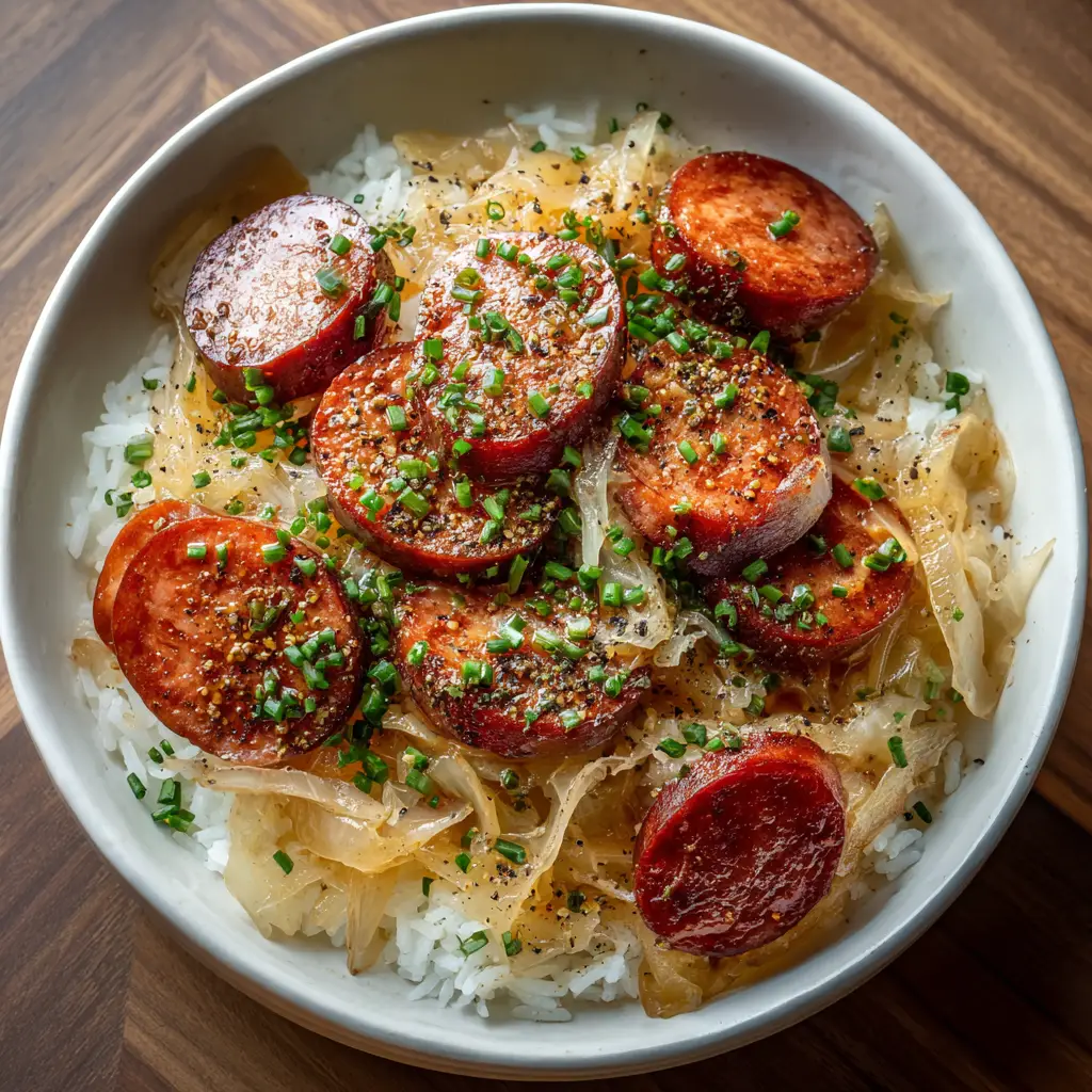 A spoonful of the finished one-pan Kielbasa and Sauerkraut, ready to be served for a hearty dinner.