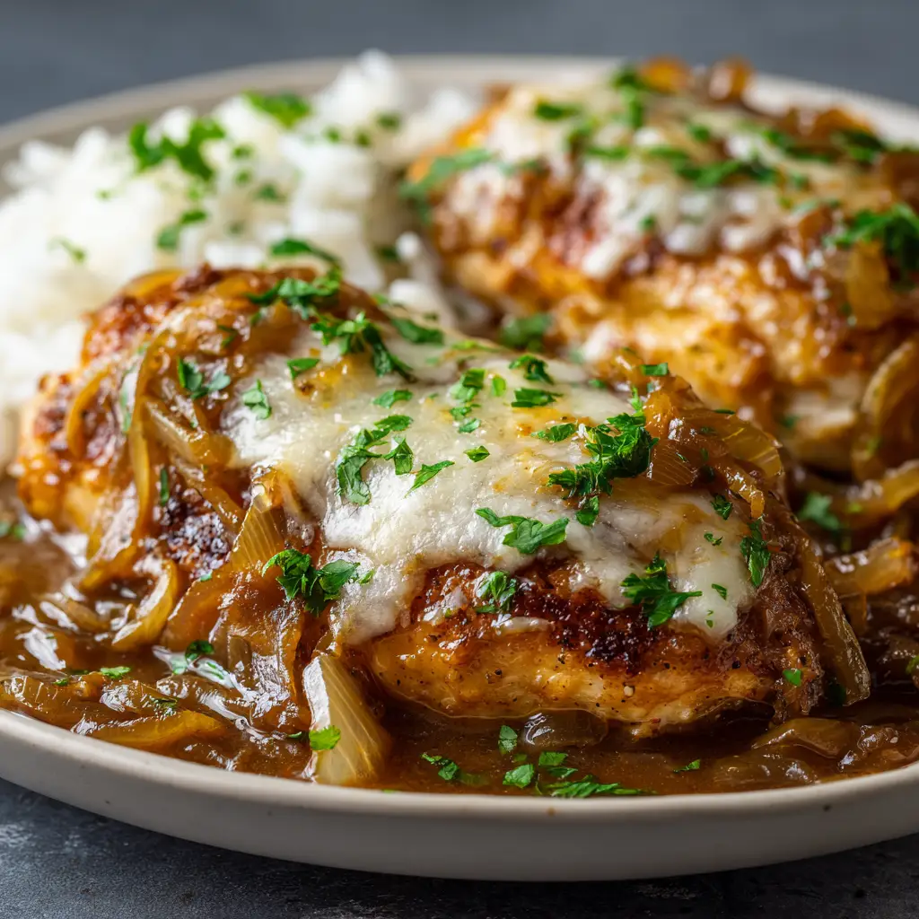 A serving of Slow Cooker French Onion Chicken topped with melted cheese, served over a bed of creamy mashed potatoes in a rustic bowl.