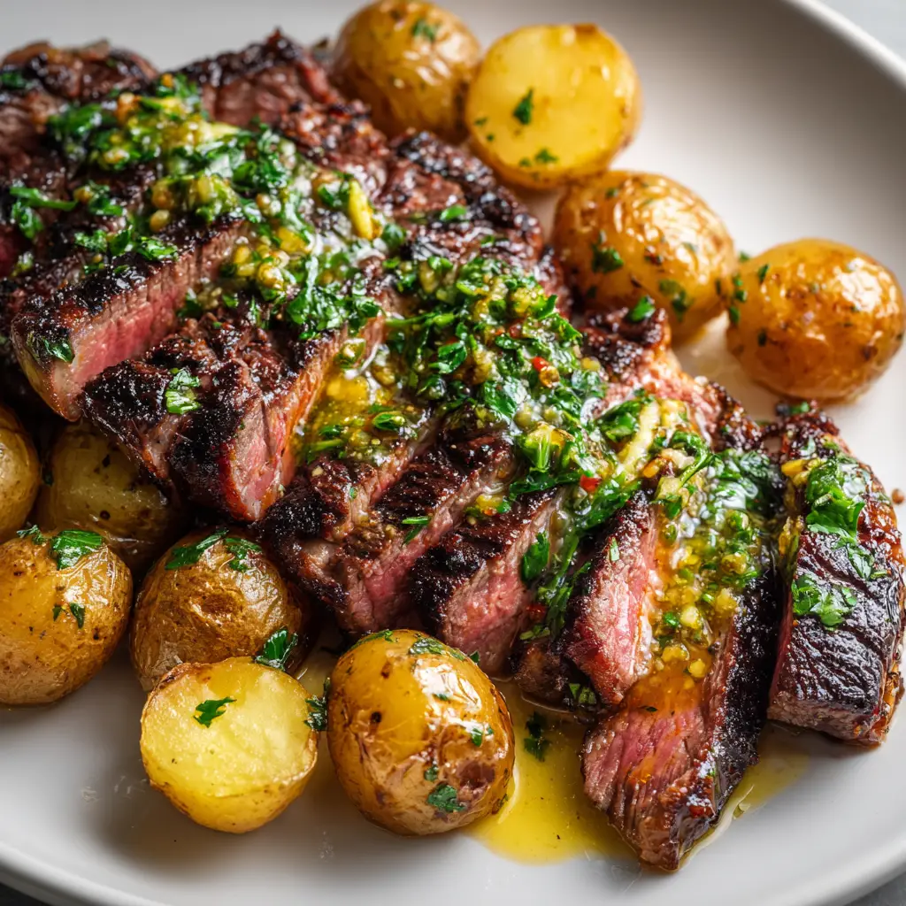 A plate of slow cooker cowboy butter steak served with a side of mashed potatoes and green beans.