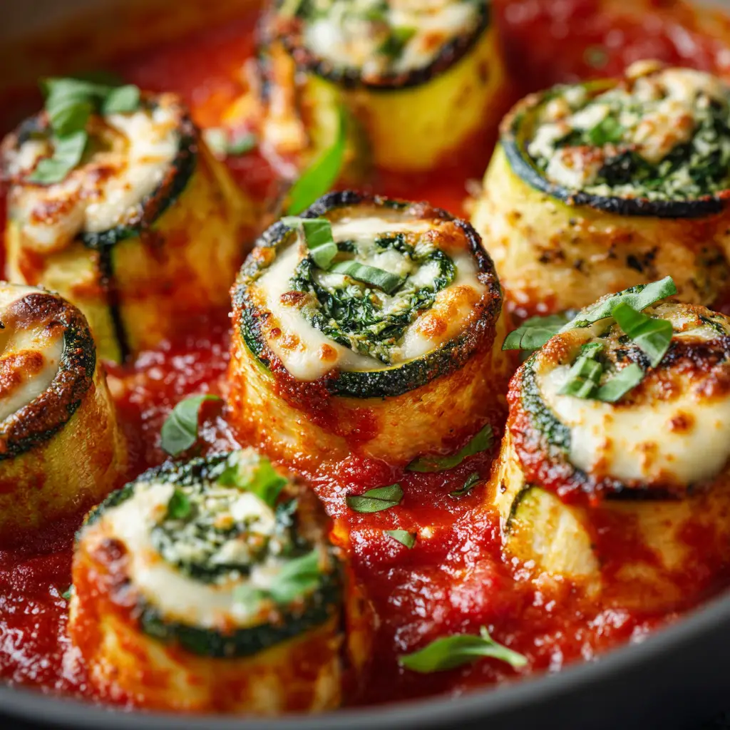 A single vegan zucchini rollatini being lifted from a baking dish with a spatula, showing the layers of zucchini, creamy filling, and sauce.