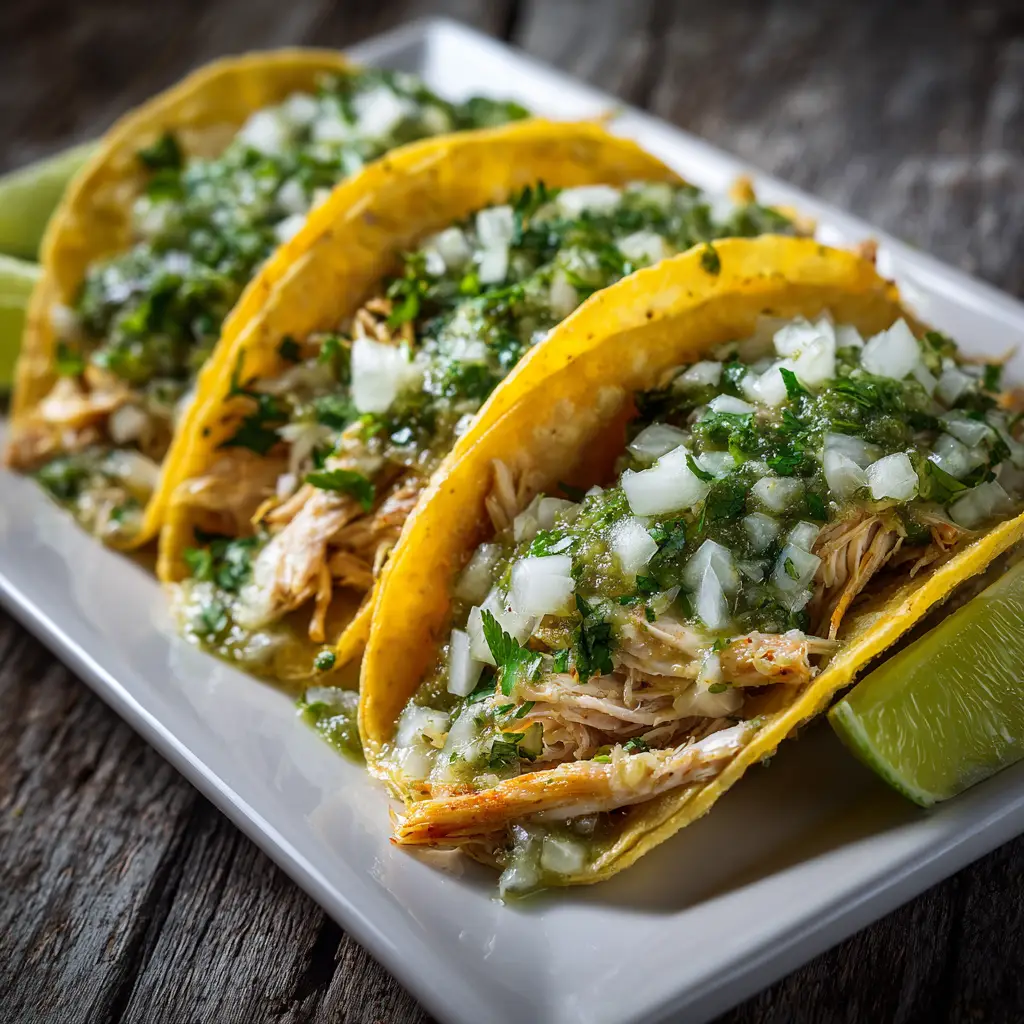 A plate of shredded salsa verde chicken tacos ready to be served, highlighting the juicy texture of the crockpot chicken.