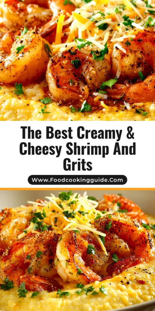 A beautiful bowl of Southern shrimp and grits. The creamy cheddar grits are topped with plump shrimp, andouille sausage, and bacon in a savory sauce, garnished with fresh parsley.