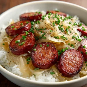 An overhead close-up shot of savory Kielbasa and Sauerkraut simmering in a cast-iron skillet with apples and onions.