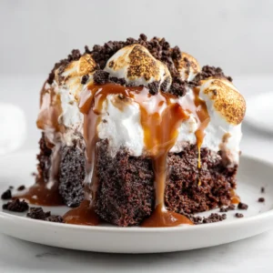 A close-up shot of a single slice of chocolate fudge poke cake on a white plate, highlighting the moist cake crumb and layers of marshmallow frosting.