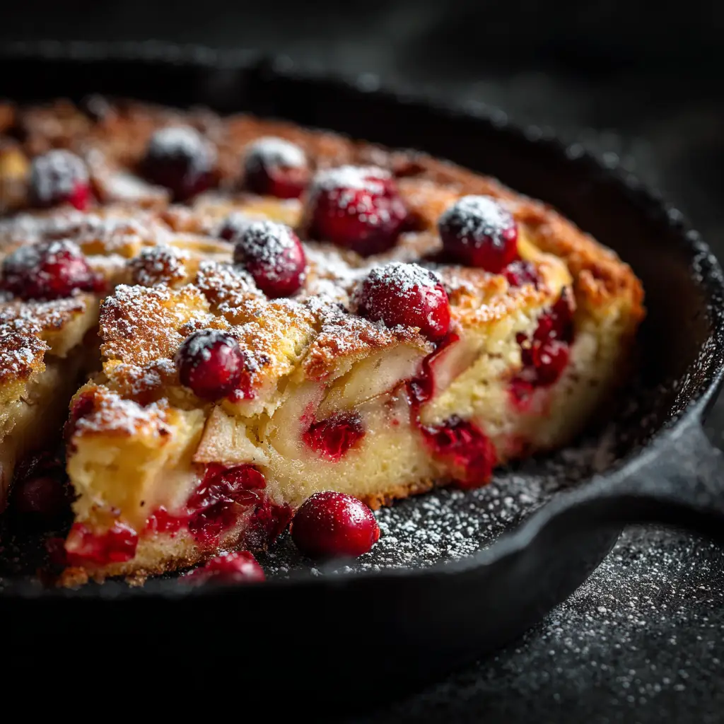 Cranberry Apple Skillet Cake (The Perfect Holiday Dessert) 1 A slice of Cranberry Apple Skillet Cake on a white plate, served with a scoop of vanilla ice cream melting on top.
