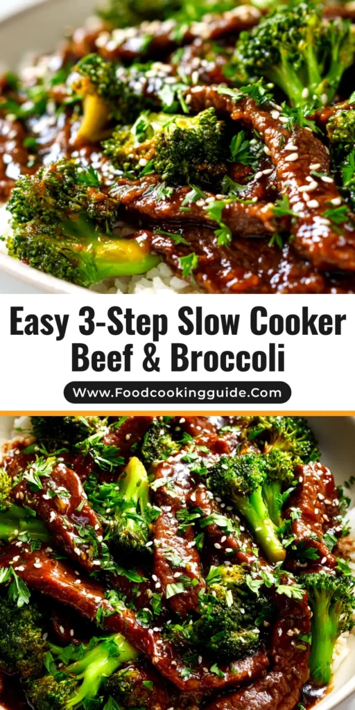 A close-up shot of delicious Slow Cooker Beef and Broccoli served in a white bowl over rice. The beef is tender, the broccoli is bright green, and the dish is garnished with sesame seeds.