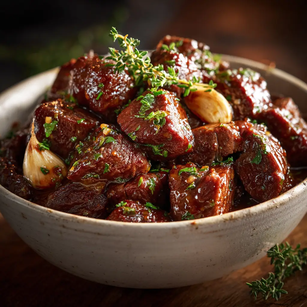 A plated serving of slow cooker beef tips with sauce, served over creamy mashed potatoes and garnished with fresh herbs.