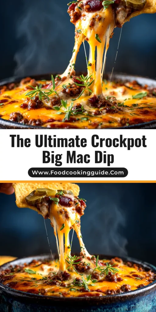 A delicious bowl of creamy Slow Cooker Big Mac Dip, topped with special sauce, lettuce, and pickles, ready to be shared as the perfect party appetizer.