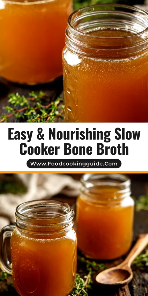 A beautiful flat lay of finished Slow Cooker Bone Broth in glass jars, surrounded by fresh herbs and vegetables, with text overlay.
