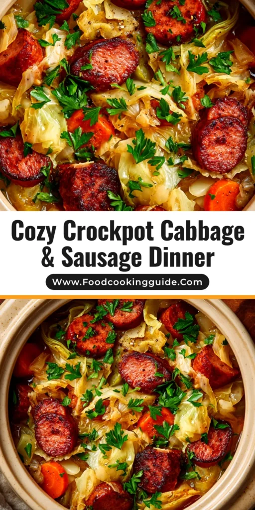 A delicious bowl of slow cooker cabbage and sausage, perfectly cooked and ready to serve. This easy crockpot recipe is the ultimate comfort food.