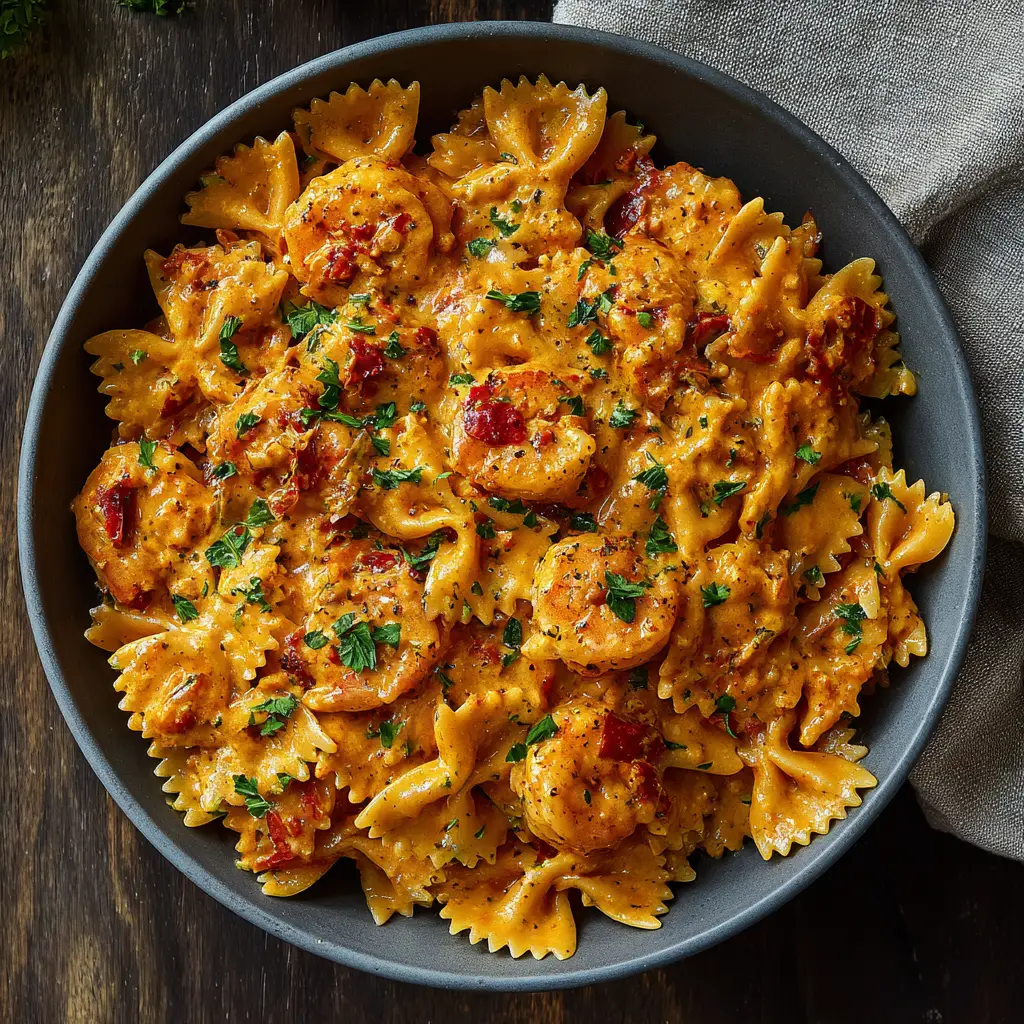 A beautiful serving of slow cooker Cajun shrimp pasta in a dark bowl, ready to be eaten. The pasta is coated in a rich, orange-tinted cream sauce.