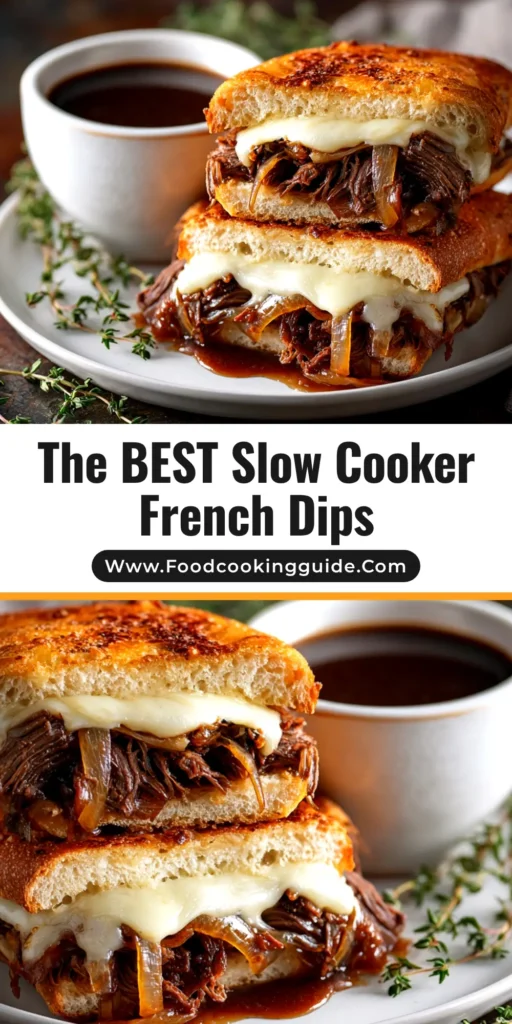 An overhead shot of Slow Cooker French Dip Sandwiches on a wooden board, with a small bowl of au jus for dipping. The perfect easy crockpot recipe.