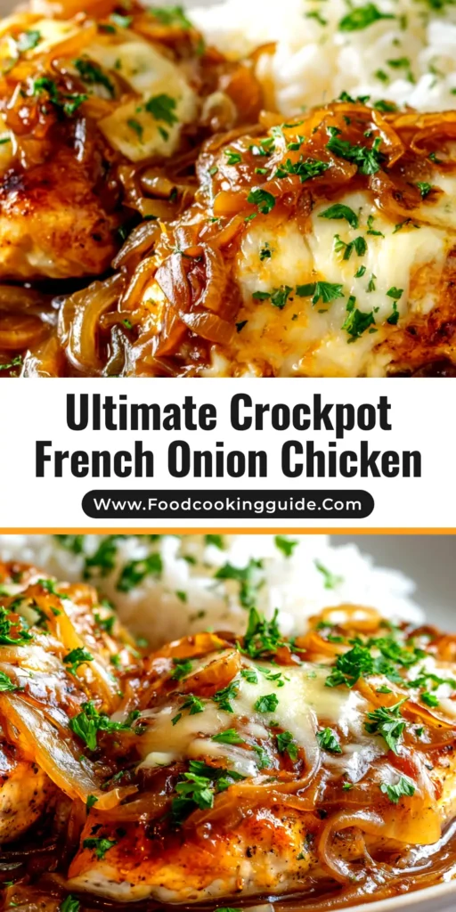 An overhead shot of Slow Cooker French Onion Chicken in a white serving dish, topped with golden, bubbly Gruyère cheese and fresh thyme. A serving spoon rests nearby.