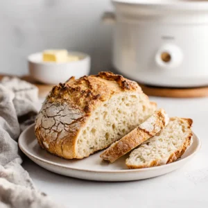 A freshly baked loaf of gluten-free artisan bread made in a slow cooker, sitting on a wooden cutting board.